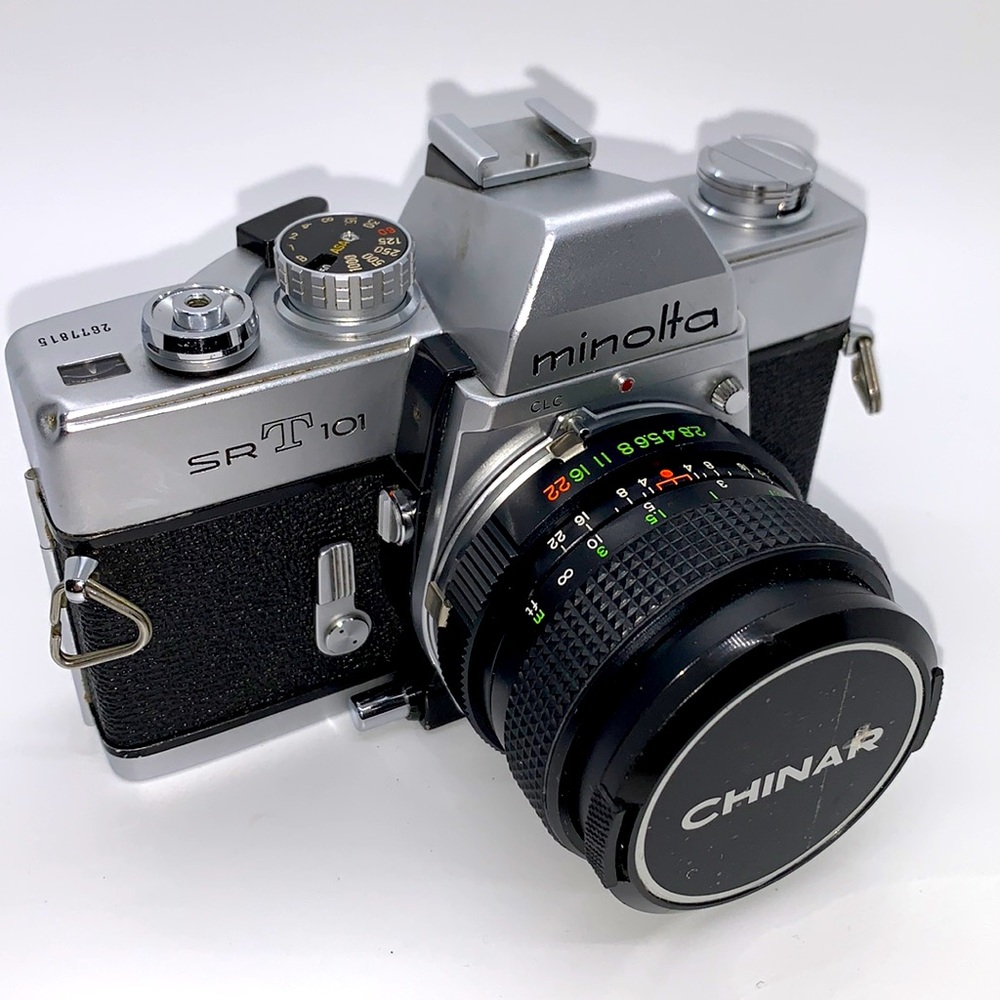 Minolta SRT101 35mm SLR Film Camera with Chinar 28mm f/2.8 Lens